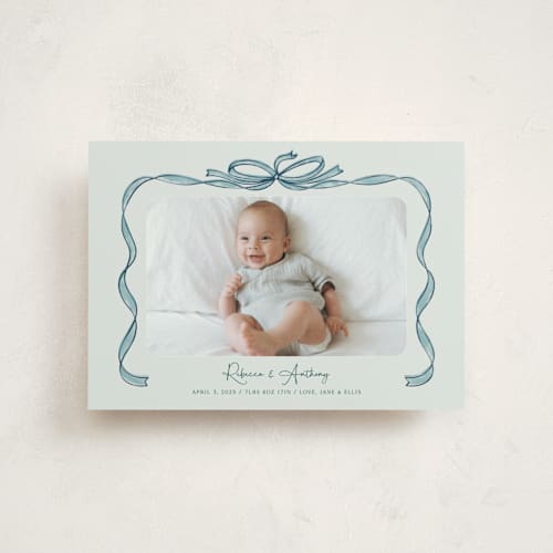 This is a mint birth announcement postcards with standard by Paper Sun Studio called tied together printing on signature in postcard