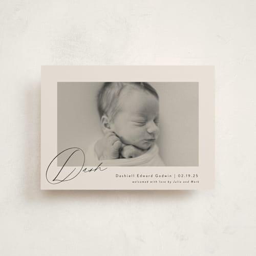 This is a vanilla birth announcement postcards with standard by Olivia Raufman called dashing printing on signature in postcard