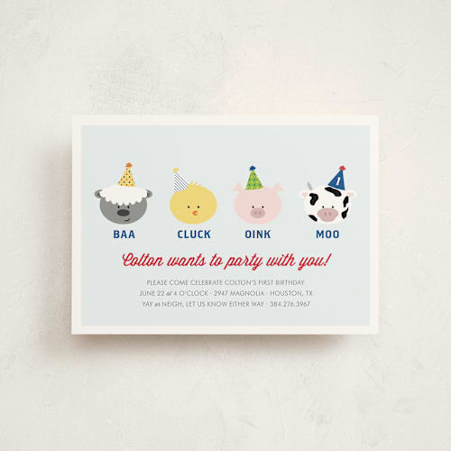 This is a sky blue petite kids birthday invitations with standard by Leslie Ann Jones called barnyard crew printing on signature in petite