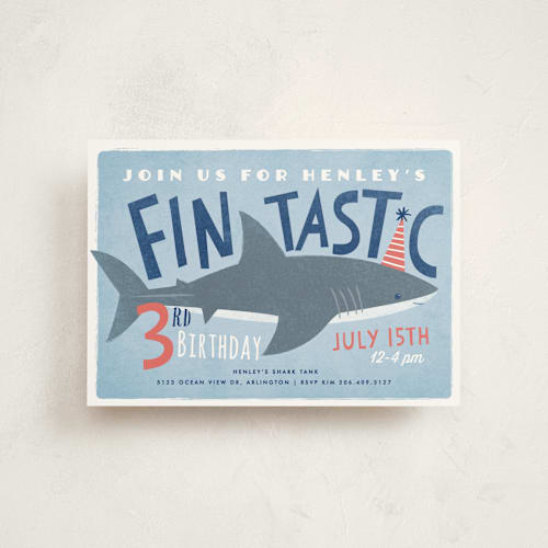 This is a sky petite kids birthday invitations with standard by Karidy Walker called shark tank printing on signature in petite