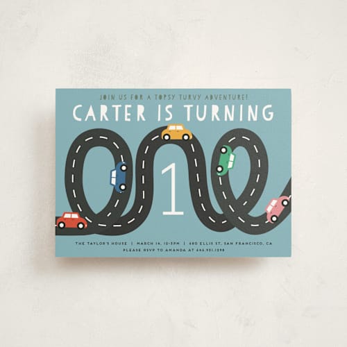 This is a sky petite kids birthday invitations with standard by Jennifer Lew called little racer printing on signature in petite