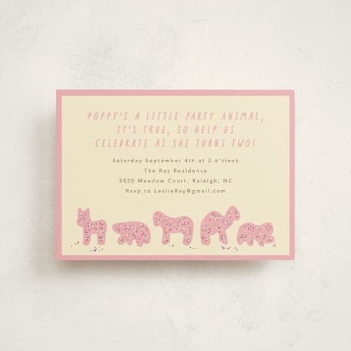 This is a pink sugar petite kids birthday invitations with standard by Jennifer Postorino called animal cracker parade printing on signature in petite