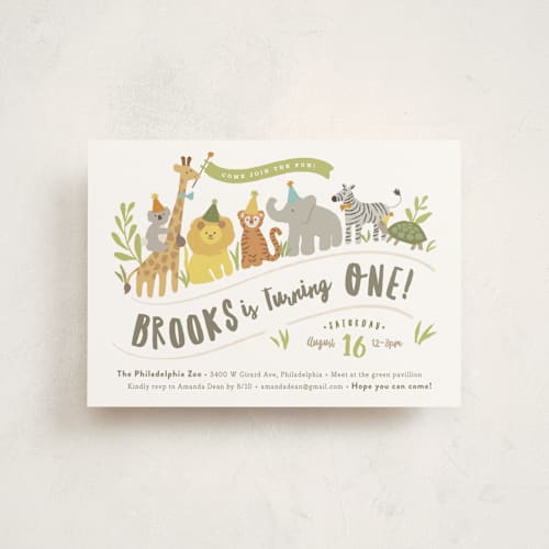 This is a pear petite kids birthday invitations with standard by Jennifer Wick called animals on parade printing on signature in petite