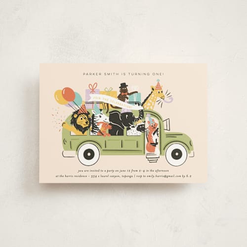 This is a sour apple petite kids birthday invitations with standard by Shiny Penny Studio called birthday bus printing on signature in petite