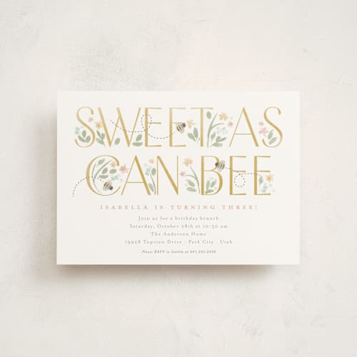 This is a linen petite kids birthday invitations with standard by Robert and Stella called sweet as can bee printing on signature in petite