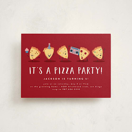 This is a tomato petite kids birthday invitations with standard by Katie Zimpel called it's a pizza party printing on signature in petite