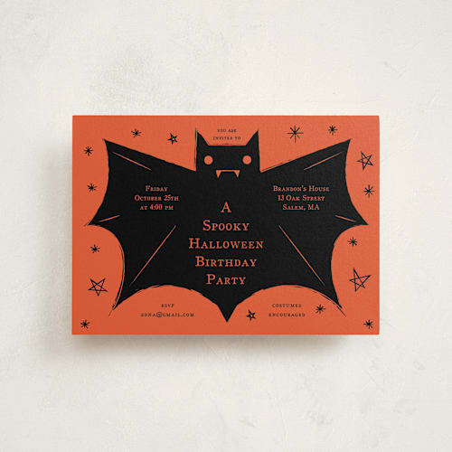 This is a hibiscus petite kids birthday invitations with standard by Ani Somi called spooky bat printing on signature in petite