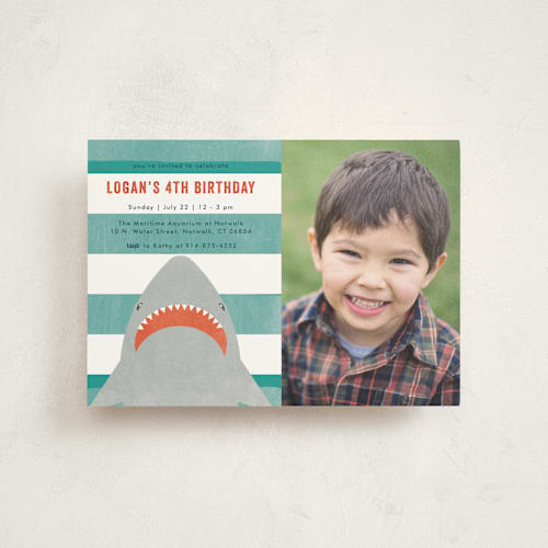 This is a ocean kids birthday invitations with standard by Annie Holmquist called fin-tastic! printing on signature in postcard