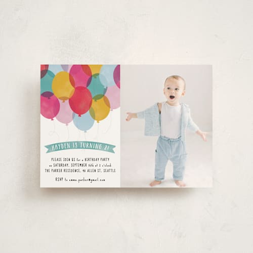 This is a teal kids birthday invitations with standard by Hooray Creative called birthday balloons printing on signature in postcard