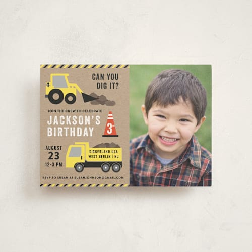 This is a kraft kids birthday invitations with standard by Annie Holmquist called party zone printing on signature in postcard
