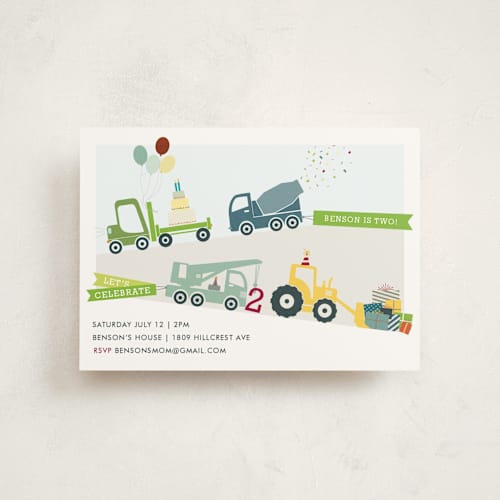 This is a grass kids birthday invitations with standard by Rebecca Bowen called trucks on parade printing on signature in postcard