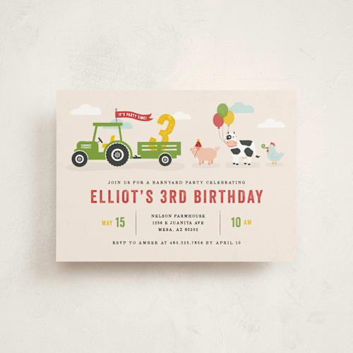 This is a cream kids birthday invitations with standard by Michelle Taylor called party parade printing on signature in postcard
