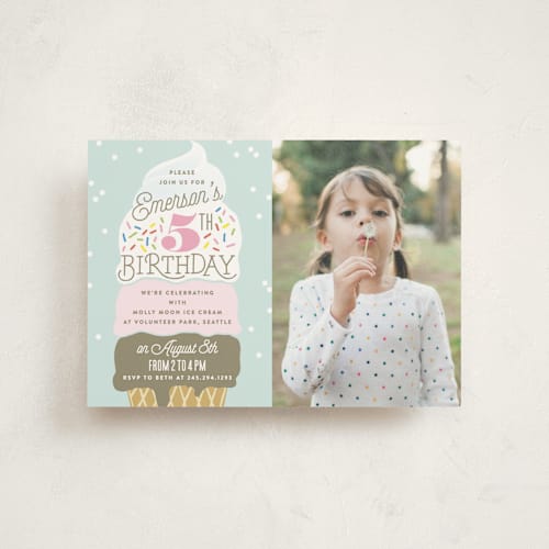 This is a frozen kids birthday invitations with standard by Alethea and Ruth called ice cream cone printing on signature in postcard