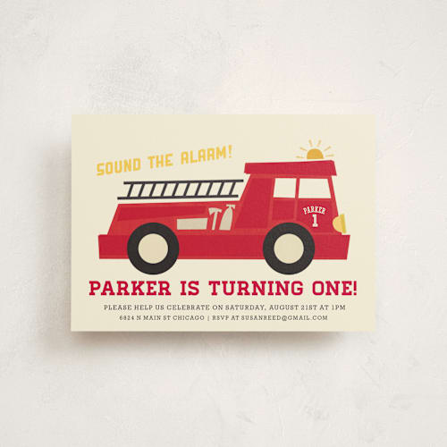 This is a fire kids birthday invitations with standard by Jessie Steury called five alarm printing on signature in postcard