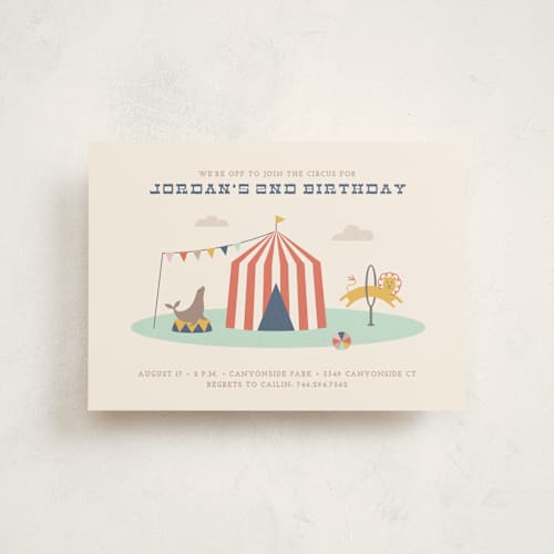 This is a navy kids birthday invitations with standard by Amber Barkley called off to join the circus printing on signature in postcard