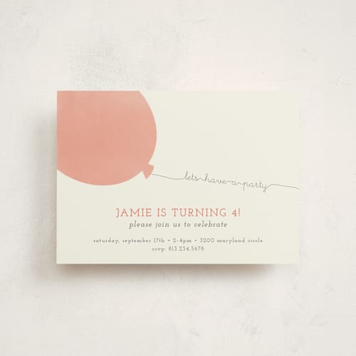 This is a coral kids birthday invitations with standard by Brianne Larsen called simple balloon printing on signature in postcard