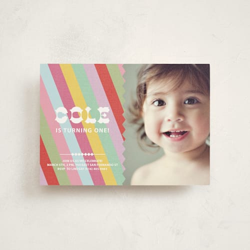 This is a rainbow kids birthday invitations with standard by SimpleTe Design called circus stripes printing on signature in postcard