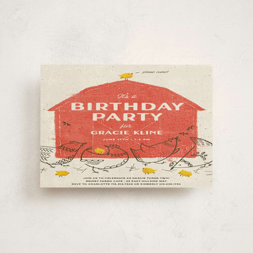 This is a barn kids birthday invitations with standard by Kimberly Morgan called barnyard parade printing on signature in postcard