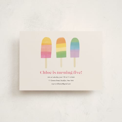 This is a pastel rainbow kids birthday invitations with standard by Lauren Semmer called rainbow popsicles printing on signature in postcard
