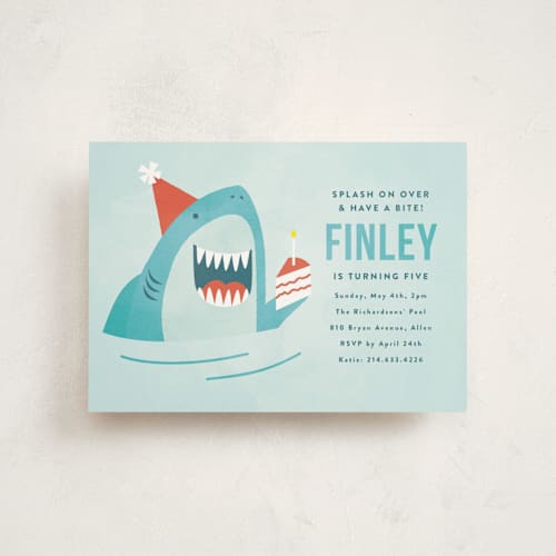 This is a ocean kids birthday invitations with standard by Susan Asbill called shark splash printing on signature in postcard