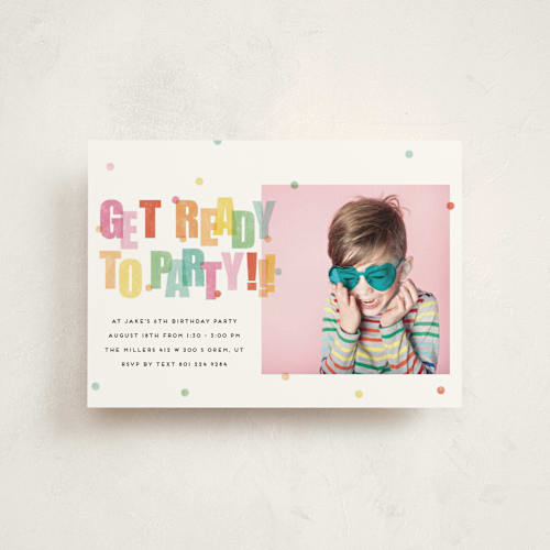 This is a sprinkles kids birthday invitations with standard by Stephanie Hawkes called get ready to party printing on signature in postcard