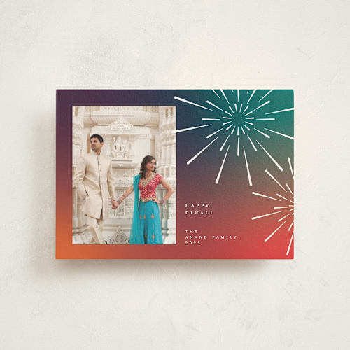 This is a sunset diwali cards with standard by Heather Schertzer called fireworks printing on signature in postcard