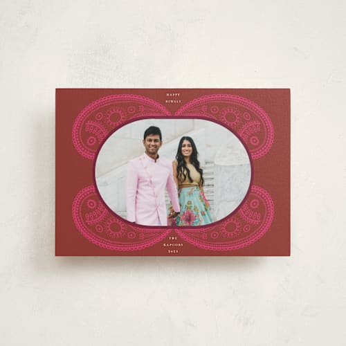 This is a magenta diwali cards with standard by Morgan Kendall called paisley printing on signature in postcard
