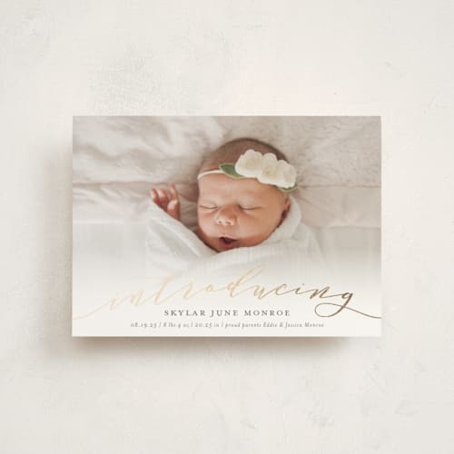 This is a slate birth announcement postcards with foil pressed by Sarah Brown called treasured printing on signature in postcard