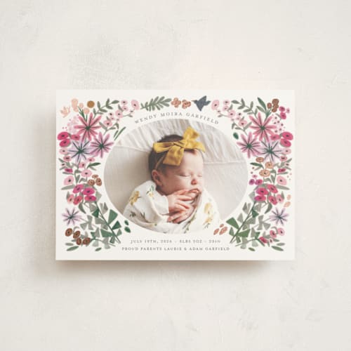 This is a rose birth announcement postcards with foil pressed by Morgan Ramberg called blossom baby printing on signature in postcard
