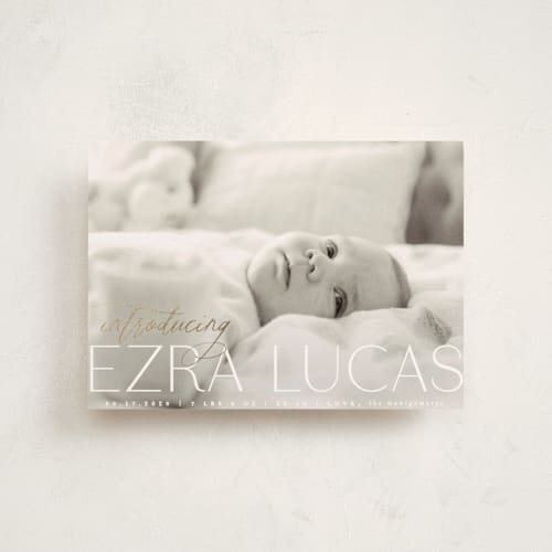 This is a ice birth announcement postcards with foil pressed by Everett Paper Goods called flourished printing on signature in postcard