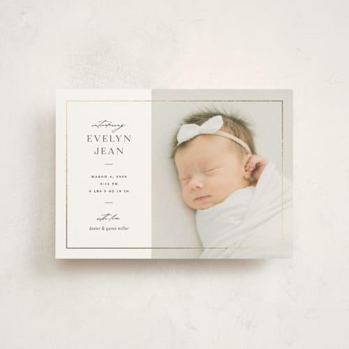 This is a pearl birth announcement postcards with foil pressed by Pixel and Hank called sweetheart printing on signature in postcard