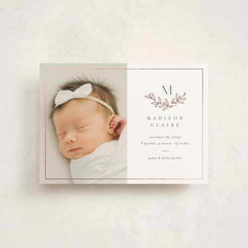 This is a lace birth announcement postcards with foil pressed by Jessica Williams called graceful laurels printing on signature in postcard