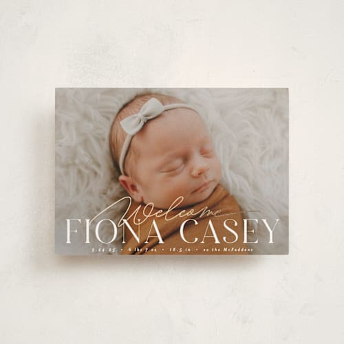 This is a cotton birth announcement postcards with foil pressed by Everett Paper Goods called welcoming printing on signature in postcard