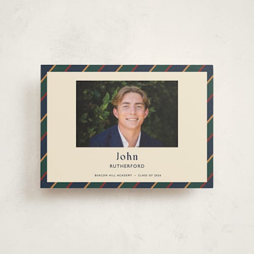 This is a navy graduation announcements with standard by Sarah Rosenthal called belmont printing on signature in petite