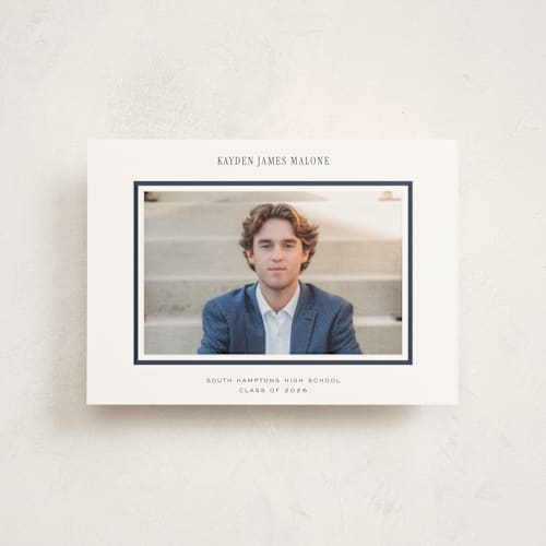 This is a navy graduation announcements with standard by Jennifer Wick called collegiate line printing on signature in petite