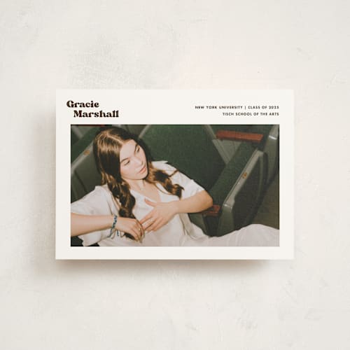 This is a espresso graduation announcements with standard by Megan Davis called vinyl printing on signature in postcard