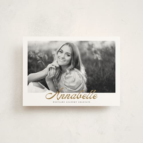This is a golden graduation announcements with standard by Maja Cunningham called vintage script printing on signature in postcard