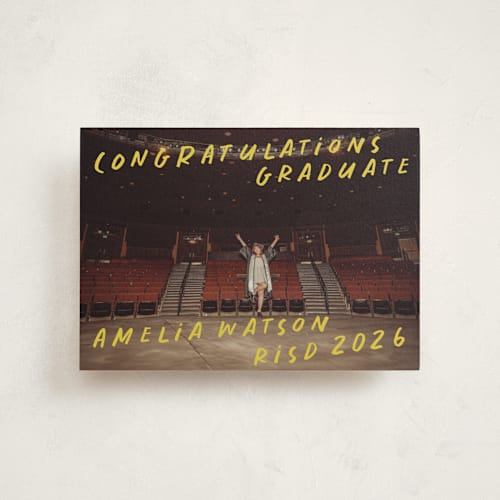 This is a lemoncello graduation announcements with standard by Maja Cunningham called celebration printing on signature in postcard