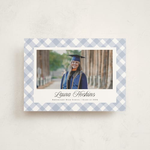 This is a powder graduation announcements with standard by Kampai Designs called gingham printing on signature in postcard