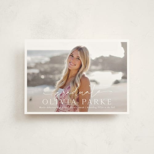 This is a snow graduation announcements with standard by Sarah Curry called graduate script printing on signature in postcard