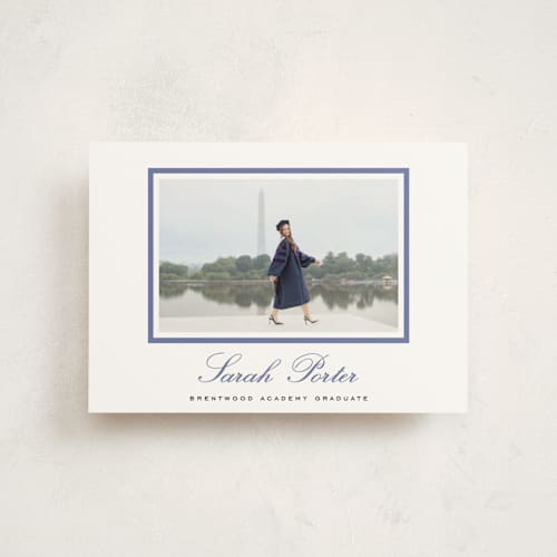 This is a indigo graduation announcements with standard by Sara Hicks Malone called longwood printing on signature in postcard