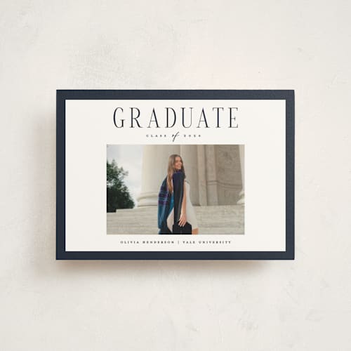 This is a navy graduation announcements with standard by Christy Hy Lee called classic layout printing on signature in postcard