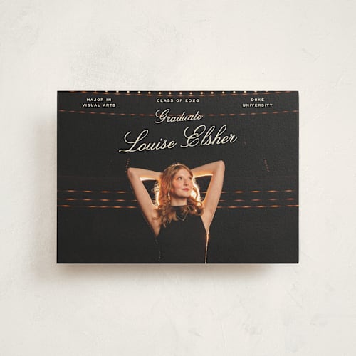 This is a champagne graduation announcements with standard by Pati Cascino called teather printing on signature in postcard