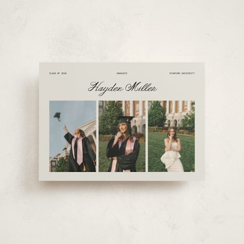 This is a silk graduation announcements with standard by Cass Loh called trio gallery printing on signature in postcard