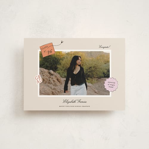 This is a apricot graduation announcements with standard by Ashley Iwafuchi called grad vibes printing on signature in postcard