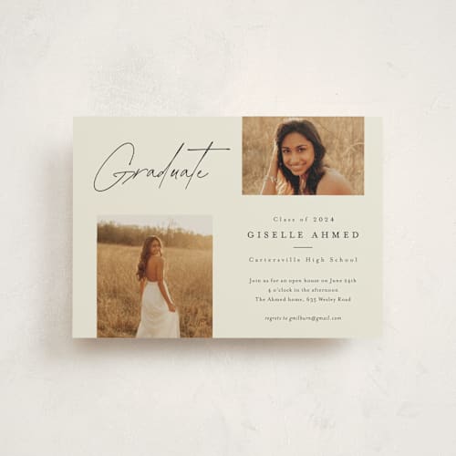 This is a bone graduation invitations with standard by Stacey Meacham called duo printing on signature in postcard