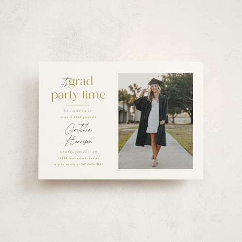This is a marigold graduation invitations with standard by Ashlee Townsend called grad party time printing on signature in postcard