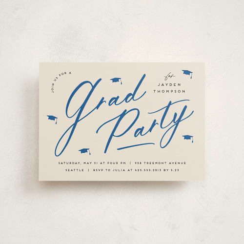 This is a azure graduation invitations with standard by Louise Kay called celebrate the grad printing on signature in postcard