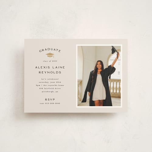 This is a ecru graduation invitations with standard by Hooray Creative called official party printing on signature in postcard