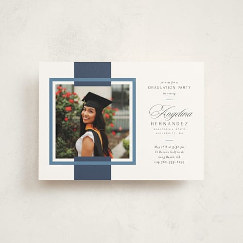 This is a navy graduation invitations with standard by Owl and Toad called preppy frame printing on signature in postcard
